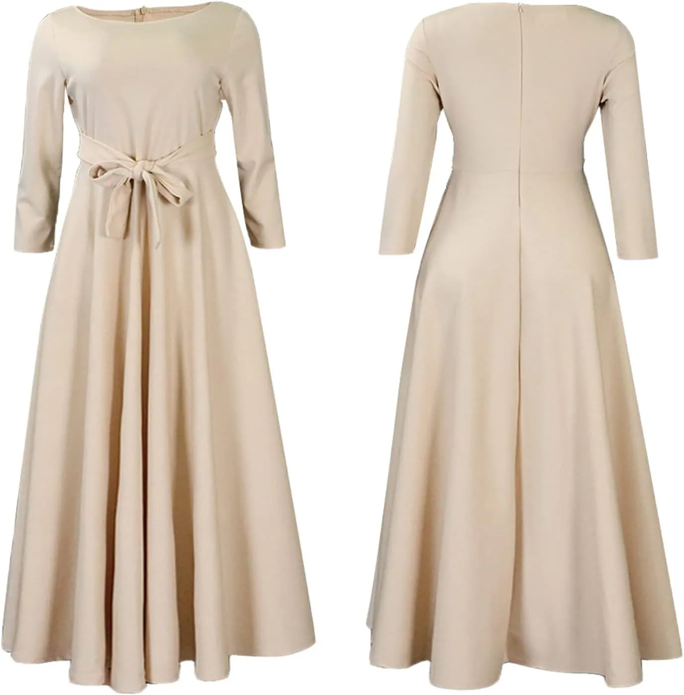 Sexyshine Women's Casual Round Neck 3/4 Long Sleeve Maxi Dress A-Line Self Tie High Waist Flare Pleated Swing Long Dresses