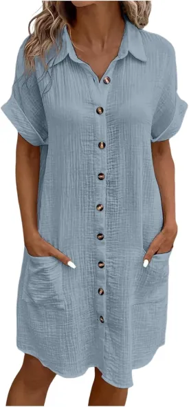 Summer Dresses for Women 2025 Linen Button Down Shirt Dress Midi Sundress Casual Summer Loose Cover Up Vacation Beach