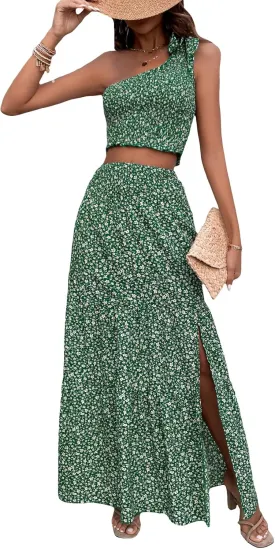Verdusa Women's 2 Piece Outfit Floral Tie Shoulder Crop Top and Split Maxi Skirt Sets