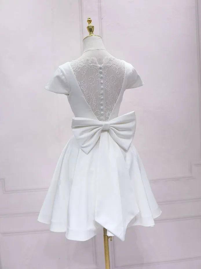 White v neck satin lace short prom dress, white homecoming dress