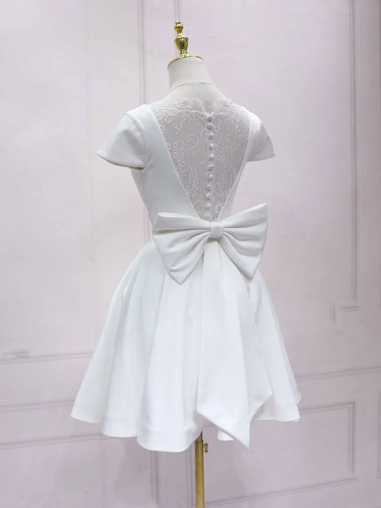 White v neck satin lace short prom dress, white homecoming dress