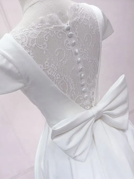 White v neck satin lace short prom dress, white homecoming dress