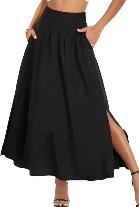 Women Maxi Skirt Flowy A Line High Waisted Long Skirts Pleated Ankle Length Slit with Pockets Zipper Closer