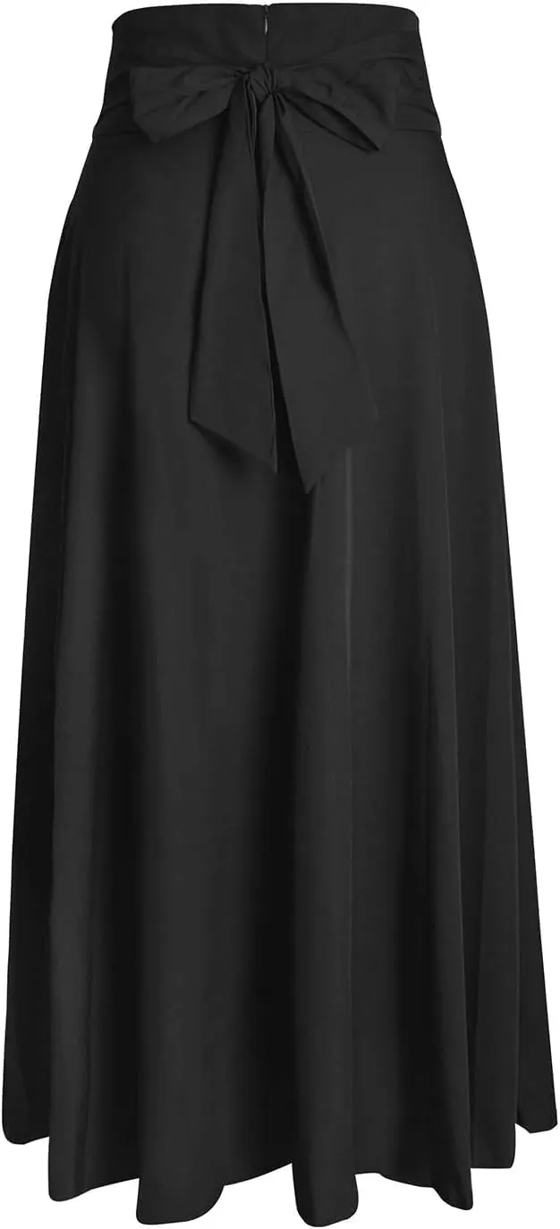 Women Maxi Skirt Flowy A Line High Waisted Long Skirts Pleated Ankle Length Slit with Pockets Zipper Closer