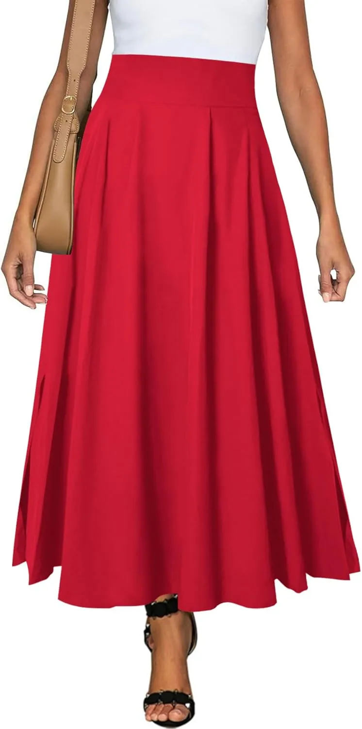 Women Maxi Skirt Flowy A Line High Waisted Long Skirts Pleated Ankle Length Slit with Pockets Zipper Closer