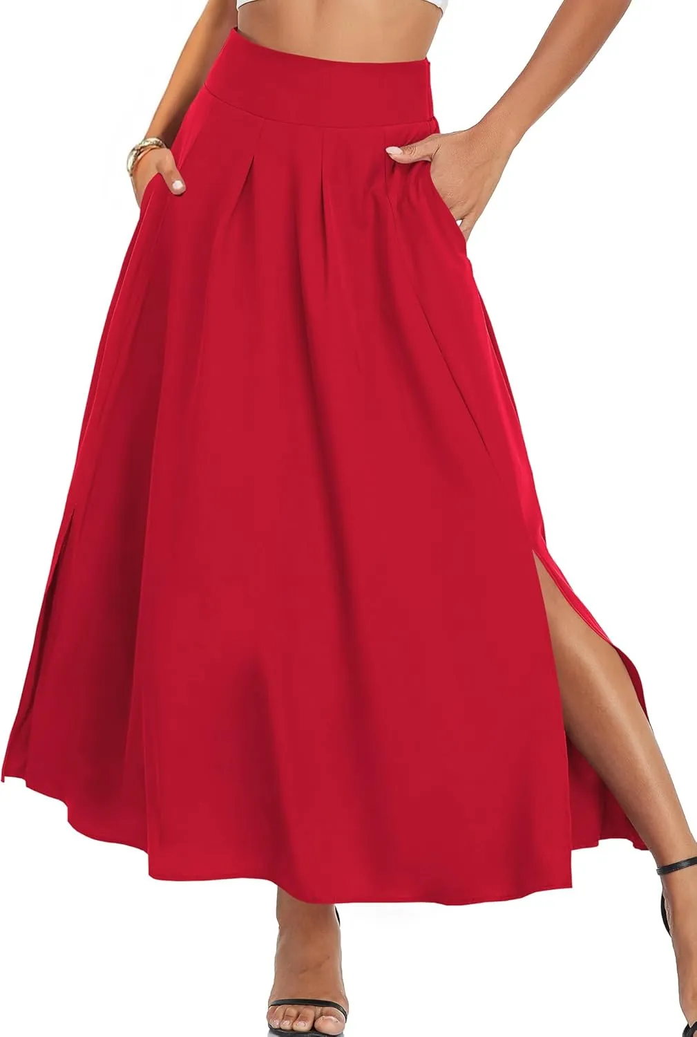 Women Maxi Skirt Flowy A Line High Waisted Long Skirts Pleated Ankle Length Slit with Pockets Zipper Closer