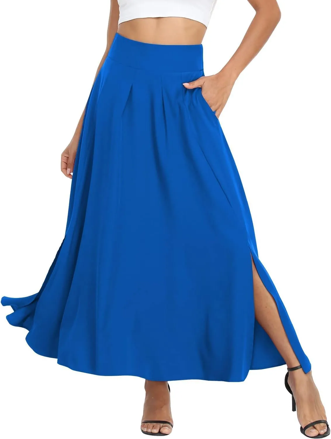 Women Maxi Skirt Flowy A Line High Waisted Long Skirts Pleated Ankle Length Slit with Pockets Zipper Closer