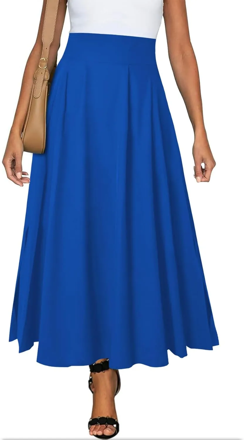 Women Maxi Skirt Flowy A Line High Waisted Long Skirts Pleated Ankle Length Slit with Pockets Zipper Closer