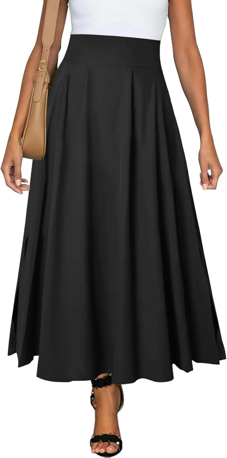 Women Maxi Skirt Flowy A Line High Waisted Long Skirts Pleated Ankle Length Slit with Pockets Zipper Closer
