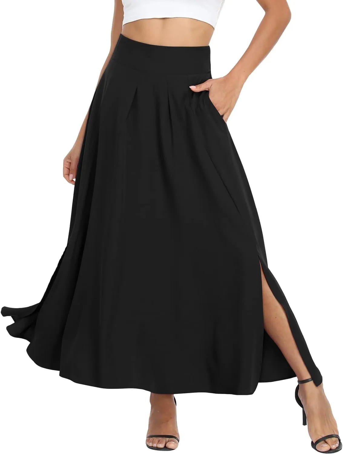 Women Maxi Skirt Flowy A Line High Waisted Long Skirts Pleated Ankle Length Slit with Pockets Zipper Closer