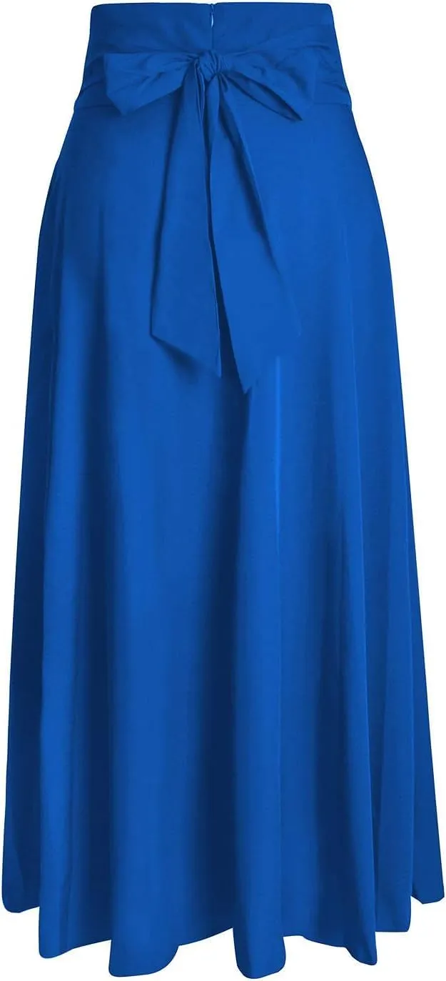 Women Maxi Skirt Flowy A Line High Waisted Long Skirts Pleated Ankle Length Slit with Pockets Zipper Closer