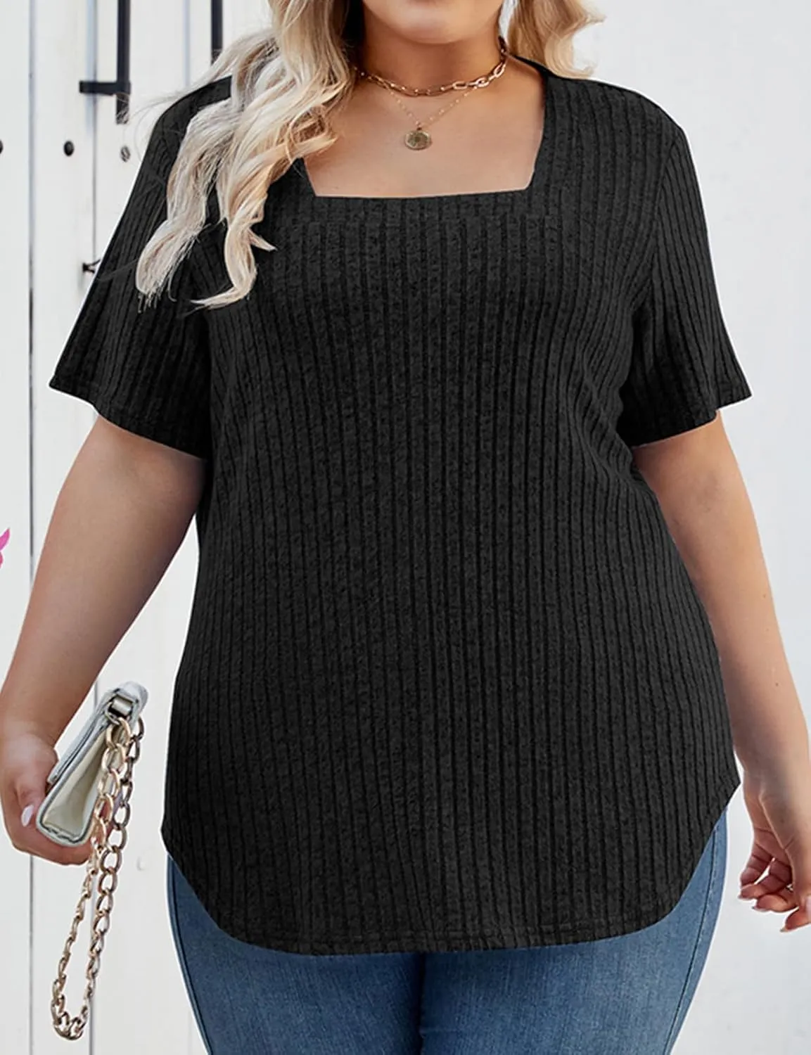 Women Plus Size Casual Tops V Neck Drop Shoulder Solid Color Shirts Lightweight Short Sleeve Blouses