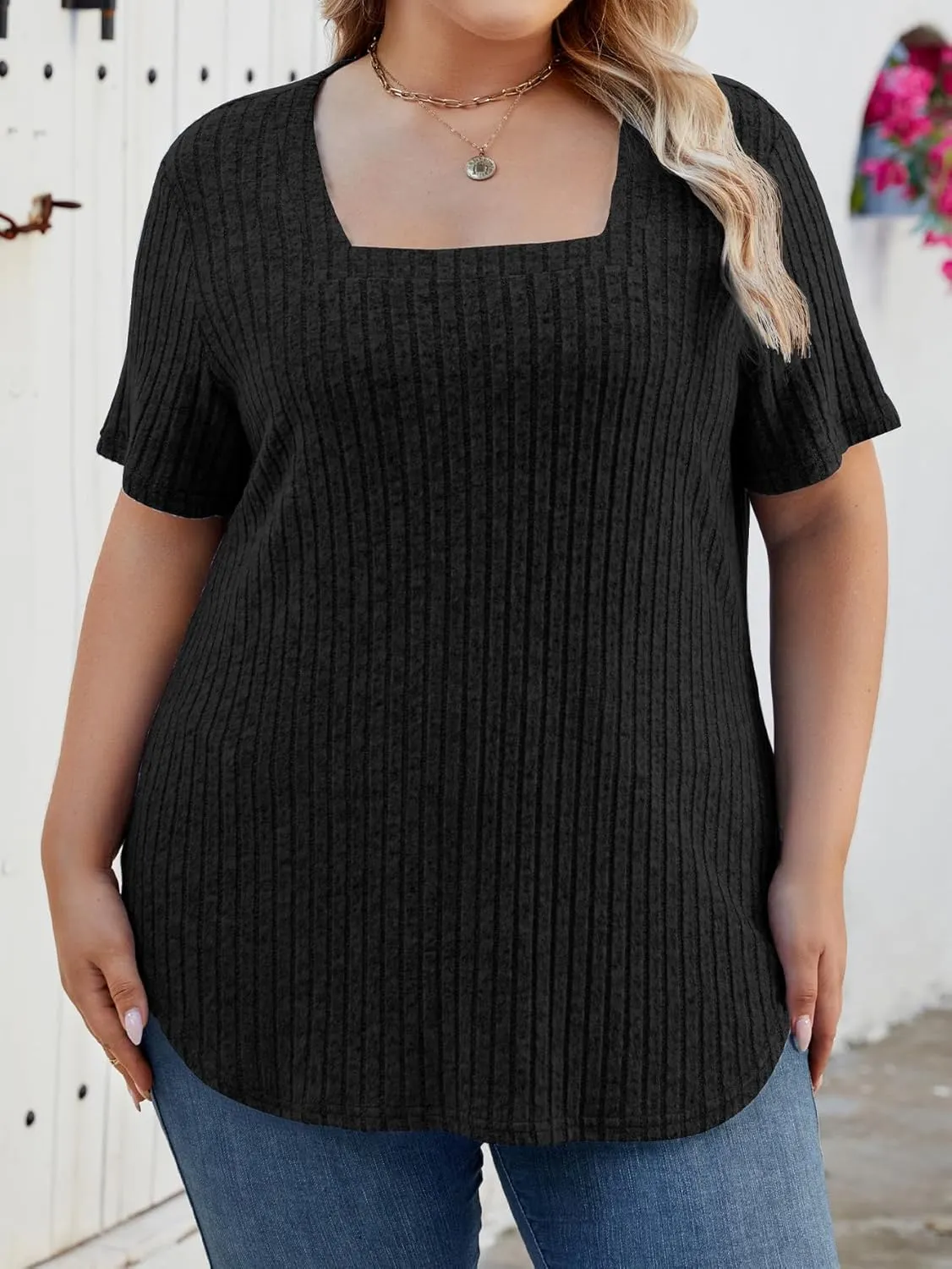 Women Plus Size Casual Tops V Neck Drop Shoulder Solid Color Shirts Lightweight Short Sleeve Blouses