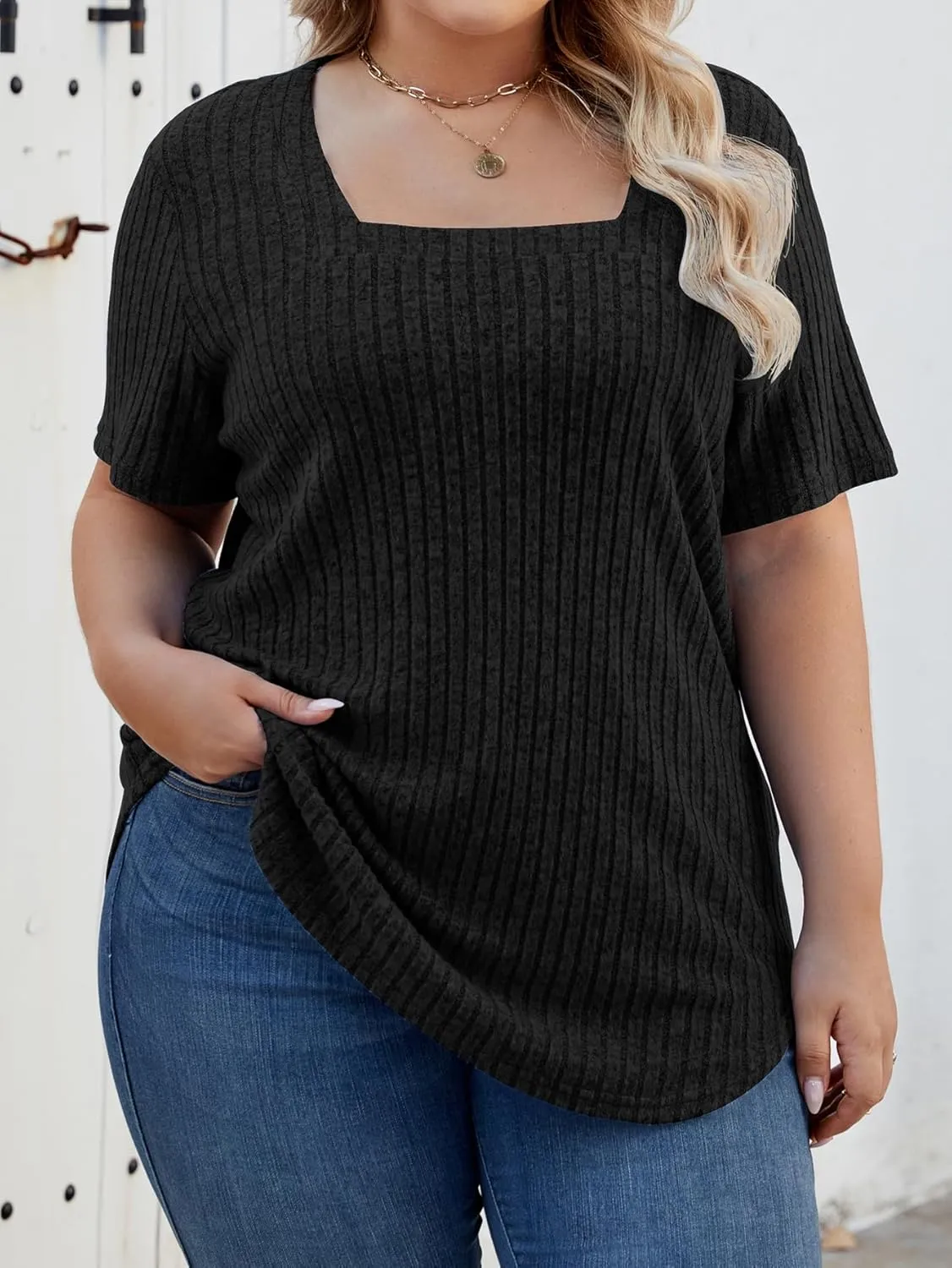 Women Plus Size Casual Tops V Neck Drop Shoulder Solid Color Shirts Lightweight Short Sleeve Blouses
