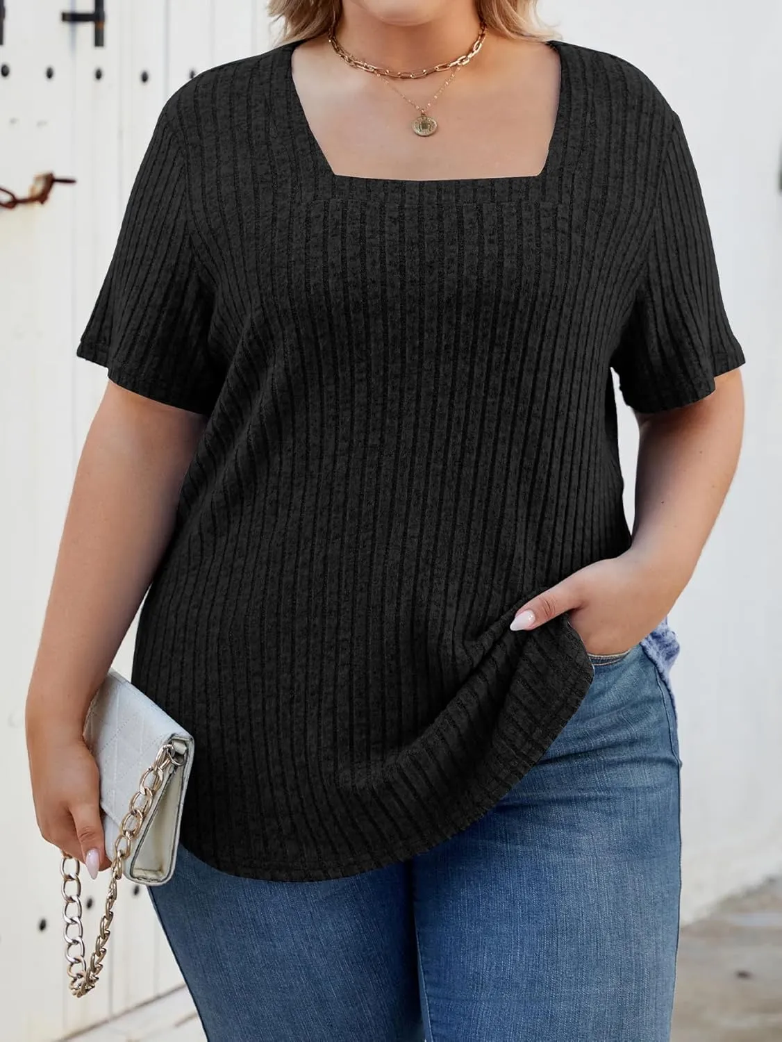 Women Plus Size Casual Tops V Neck Drop Shoulder Solid Color Shirts Lightweight Short Sleeve Blouses