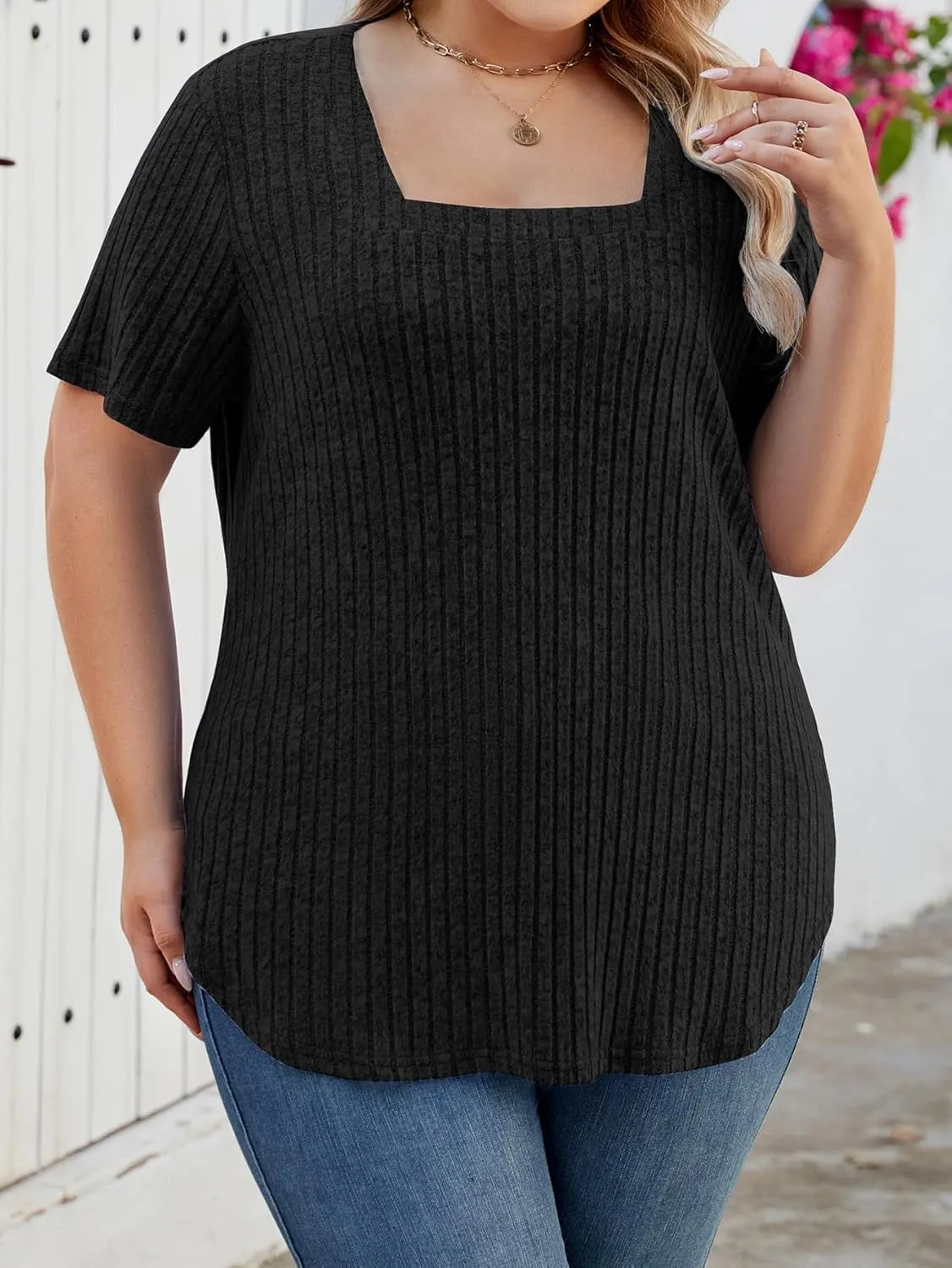 Women Plus Size Casual Tops V Neck Drop Shoulder Solid Color Shirts Lightweight Short Sleeve Blouses