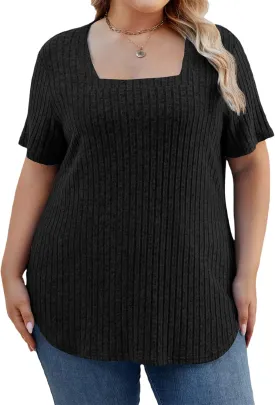 Women Plus Size Casual Tops V Neck Drop Shoulder Solid Color Shirts Lightweight Short Sleeve Blouses