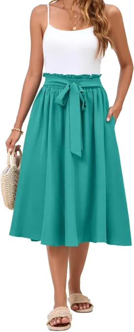 Women's Elastic High Waist Pleated A-Line Midi Skirts with Adjustable Tie Belt Side Pockets