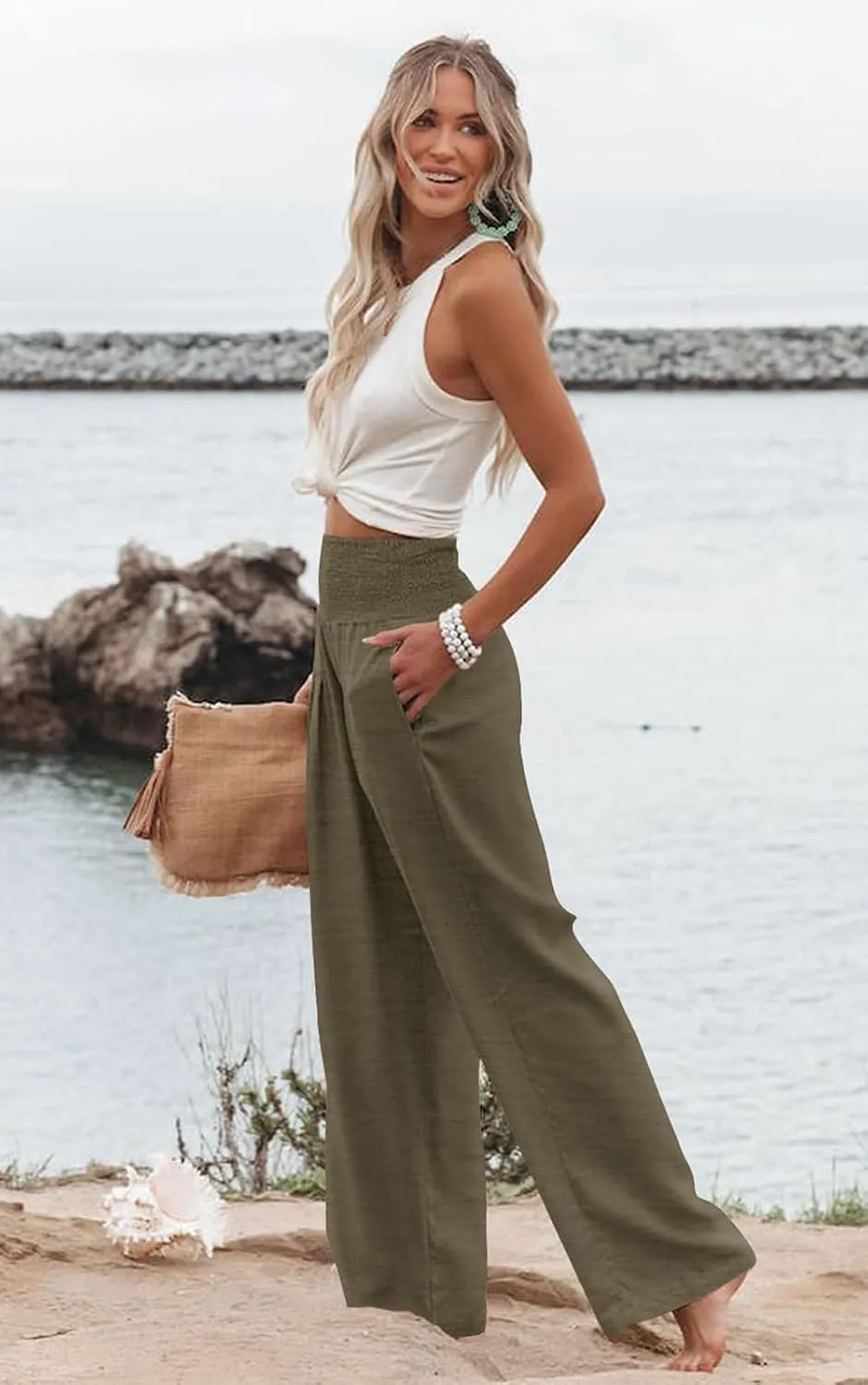 Womens High Waisted Wide Leg Palazzo Pants Casual Lounge Boho Flowy Pants with Pockets
