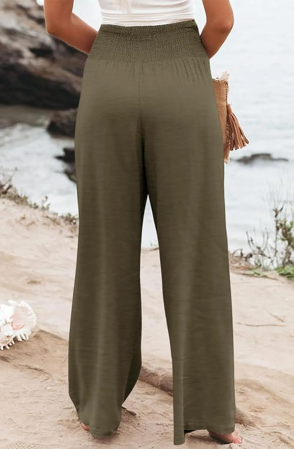 Womens High Waisted Wide Leg Palazzo Pants Casual Lounge Boho Flowy Pants with Pockets