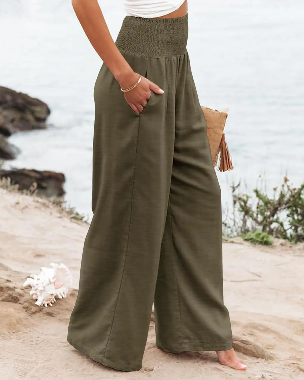 Womens High Waisted Wide Leg Palazzo Pants Casual Lounge Boho Flowy Pants with Pockets