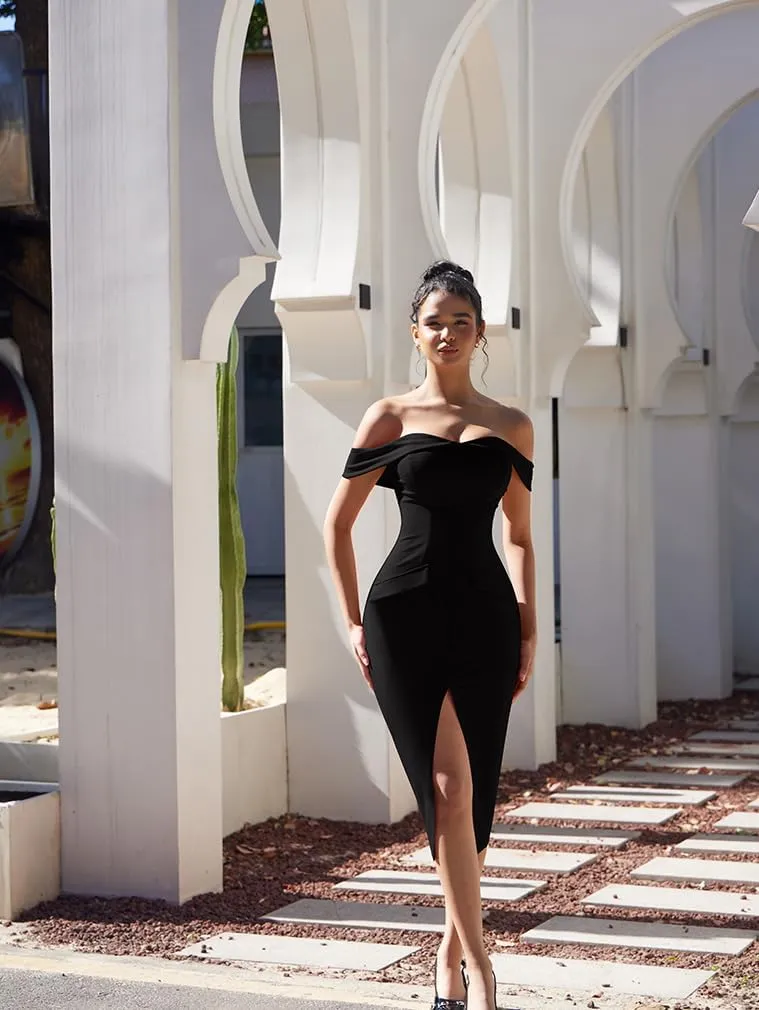 XXTAXN Women's Sexy Bodycon Off The Shoulder Cocktail Party Split Midi Dress