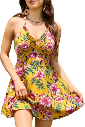 ZAFUL Women's Ditsy Floral Cami Mini Dress V-Neck Cross Back Ruched Frilled A-Line Dress Swing Skater Beach Dress