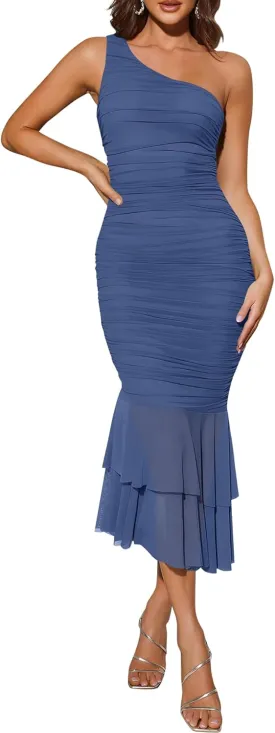 ZESICA Women's One Shoulder Summer Dress Sleeveless Mesh Ruched Bodycon Sexy Formal Cocktail Midi Dresses
